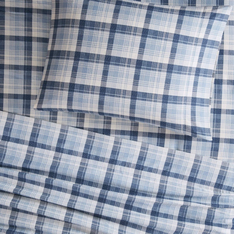 Woolrich John Rich & Bros. Woolrich Cotton Sheet Set Cottage Charms Print, 100% Cotton Flannel Sheets Warm & Fuzzy Bedding Set Cal King Size Sheets, Fitted Pocket Fits Up to 14" Mattress, Cal King Blue Plaid, 4 Piece - Image 5
